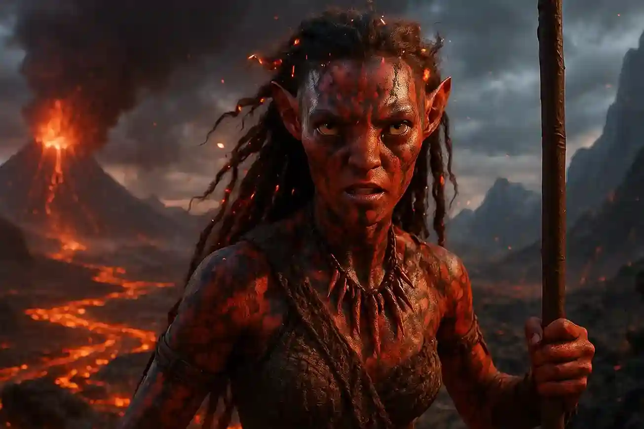A first look at the new fire-based Na'vi clan, the 'Ash People', in a volcanic landscape from the Avatar 3 trailer.