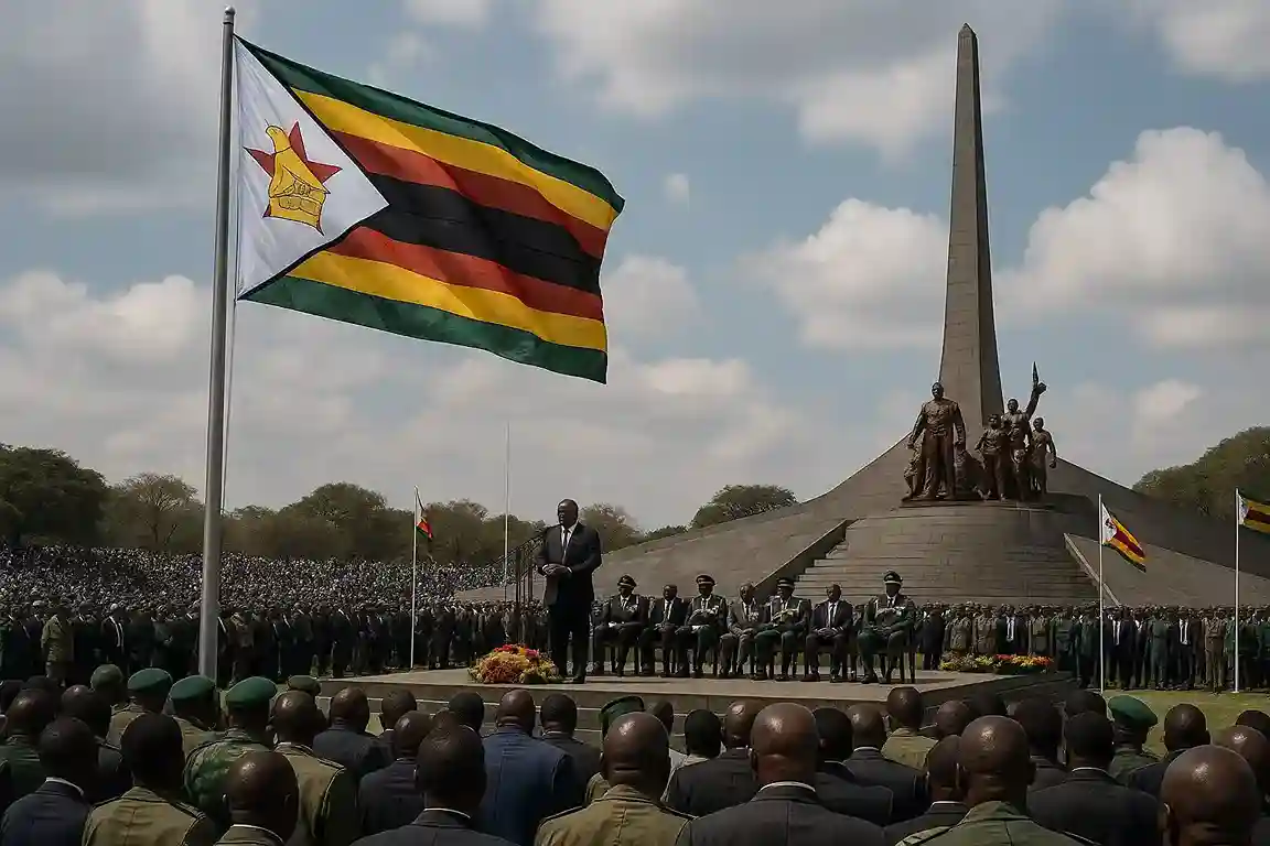 A photograph of the National Heroes Acre in Zimbabwe, with a large crowd gathered for a national ceremony.