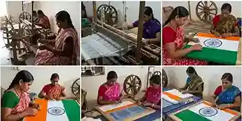 Women stitching Indian national flags in a small Karnataka village