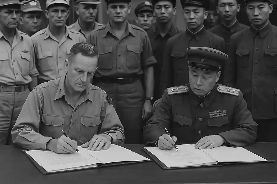 The signing of the Korean War Armistice Agreement at Panmunjom on July 27, 1953.
