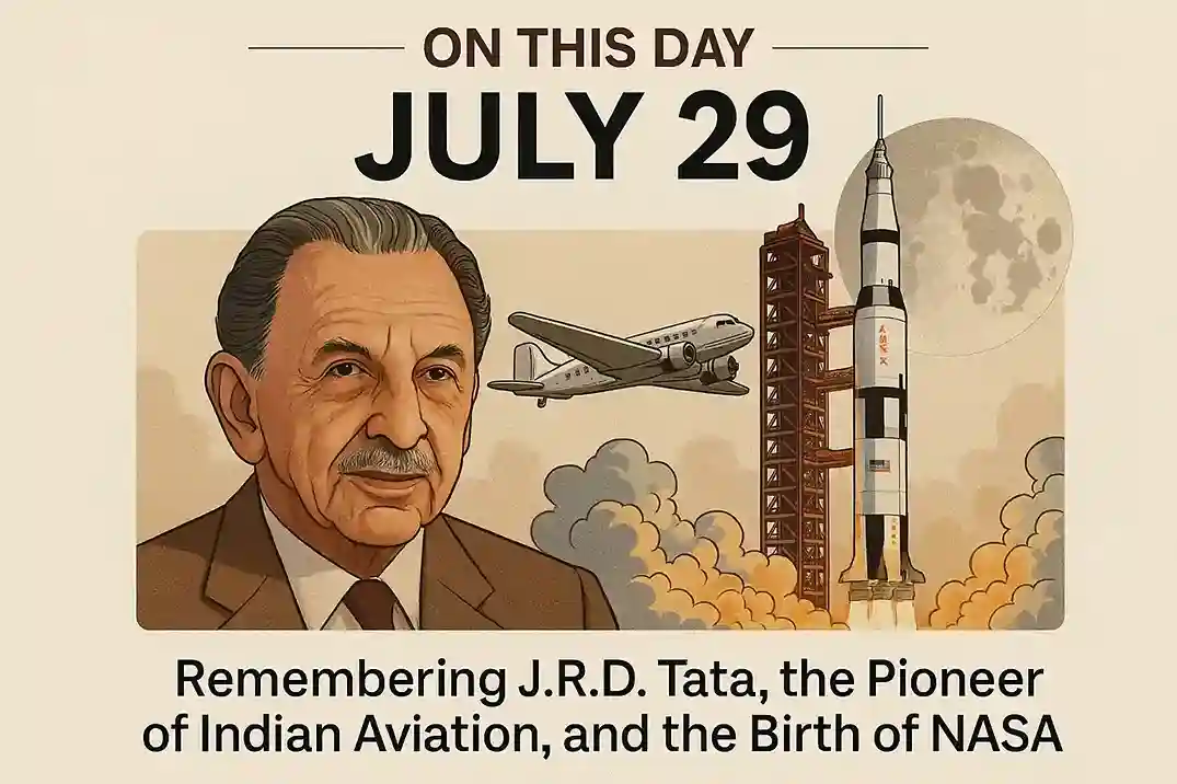 A composite image featuring a portrait of J.R.D. Tata and the iconic NASA logo.