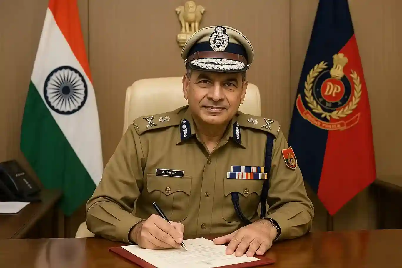 A photo of the Delhi Police Commissioner's office with the emblem of the Delhi Police prominently displayed.