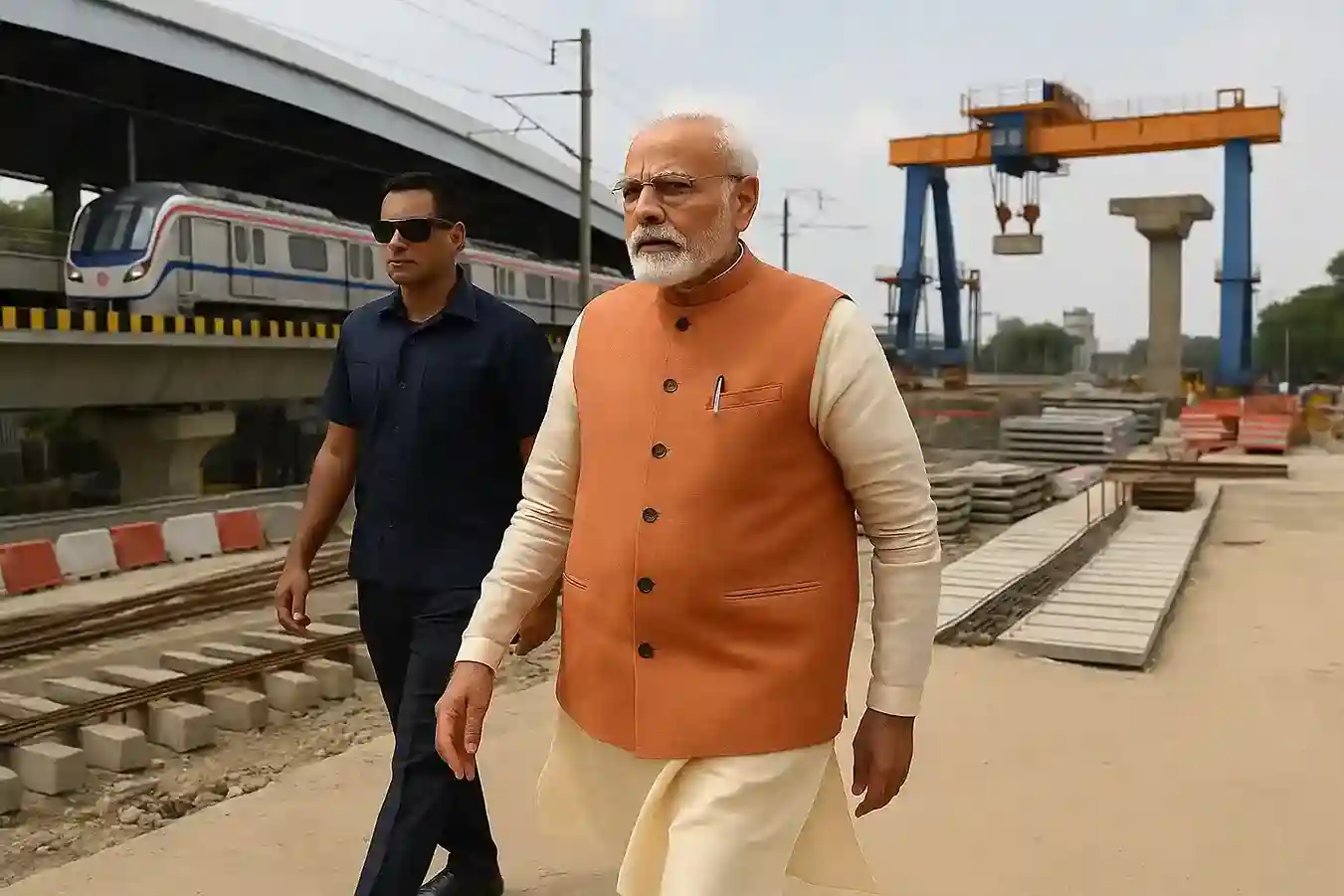 A visual of PM Modi speaking at a podium in Bihar, with a large banner showing infrastructure projects in the background.