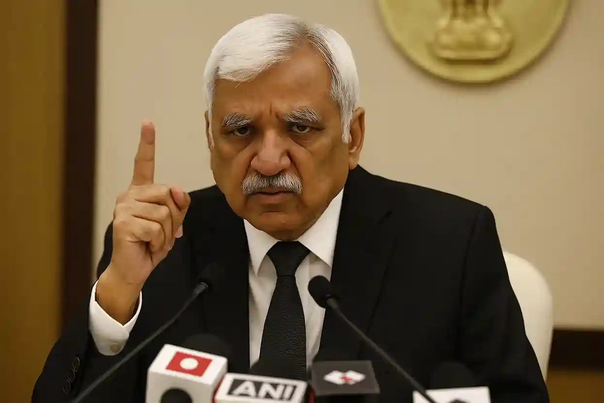 A photo of the Chief Election Commissioner speaking at a press conference, with the Election Commission of India logo in the background.