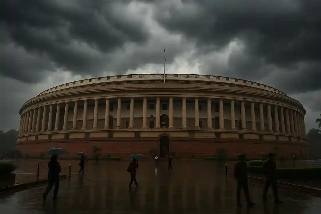 Indian Parliament building in New Delhi under cloudy monsoon skies, symbolizing political debates ahead.