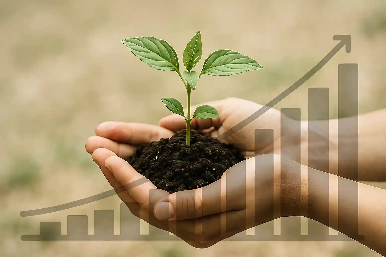A pair of hands holding a young sapling, symbolizing growth and giving.