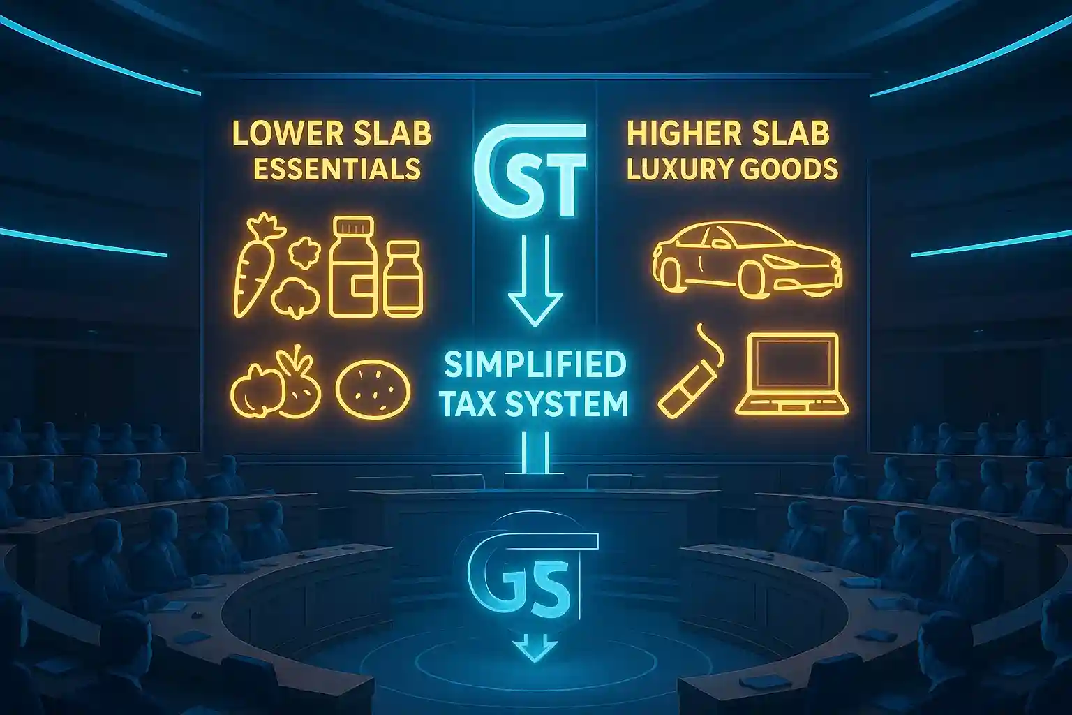 GST Council meeting illustration with tax slabs shown in two categories.
