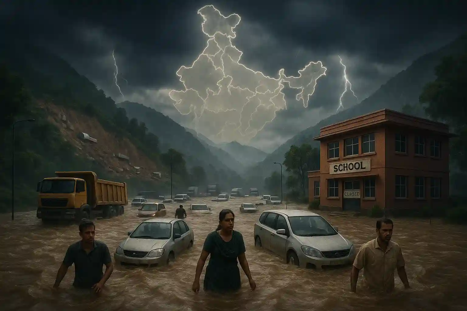 Flooded streets in Northern India with stranded vehicles and people wading through water.