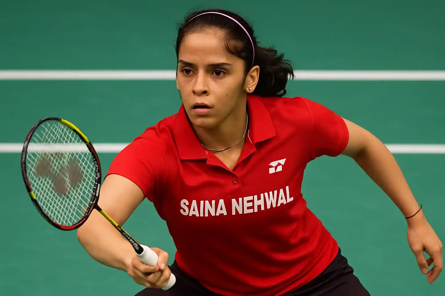 Saina Nehwal determinedly playing a shot during a badminton match.