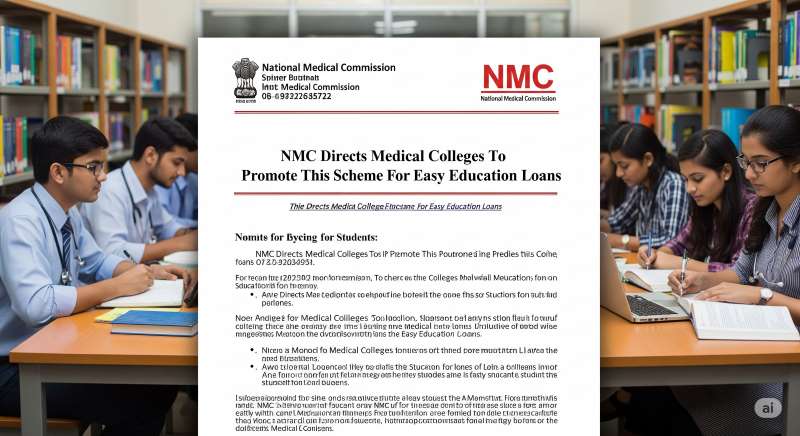 A depiction of a medical college building with a graphic overlay representing financial aid and loan opportunities.