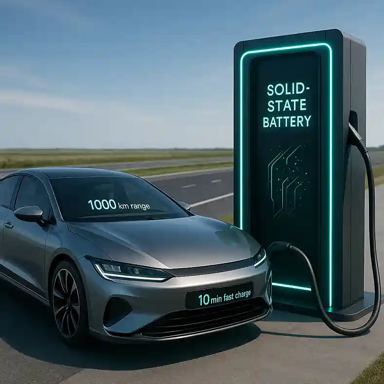 Futuristic electric car charging at a solid-state battery station, symbolizing next-gen EV technology.