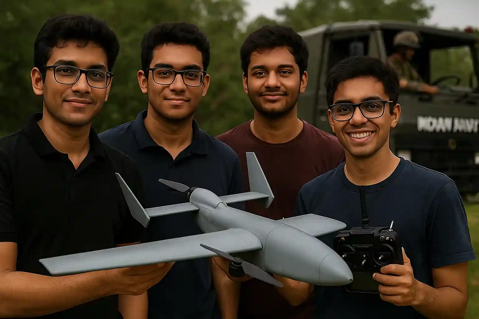 Two young male students proudly displaying a sleek, advanced drone, with a university campus background.