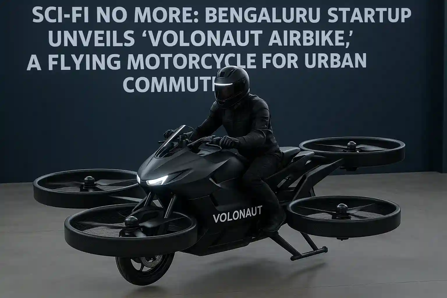 A sleek, futuristic 'Volonaut Airbike' hovering above a city street at low altitude.