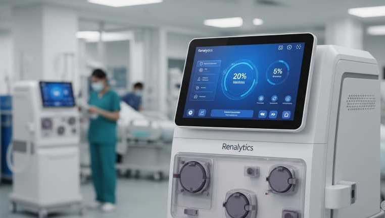 A sleek, modern hemodialysis machine with subtle glowing AI interfaces, emphasizing smart technology and precision.