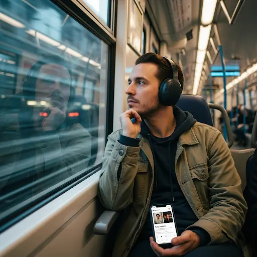 A person sitting on a metro train, listening to a podcast and looking focused, symbolizing productive use of travel time.