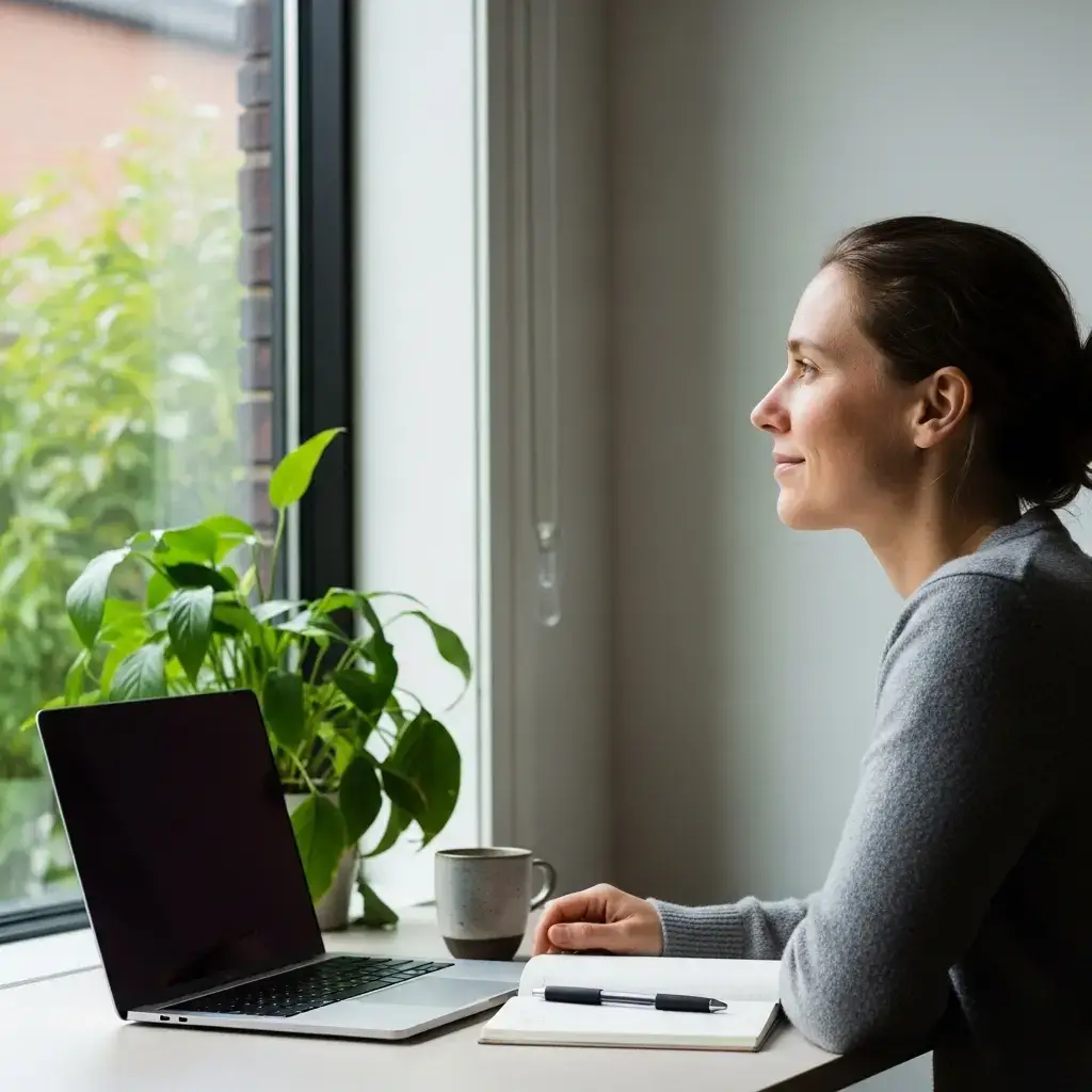 A person's hands performing a gentle stretch while they look away from a laptop screen, symbolizing a break from digital work.