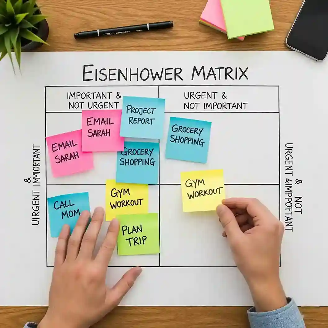 A simple four-quadrant grid labeled "Urgent/Important," with tasks organized into "Do," "Schedule," "Delegate," and "Eliminate."