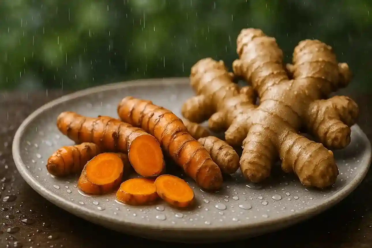 A stylized image of fresh turmeric and ginger roots arranged on a plate with droplets of water, symbolizing the monsoon season.