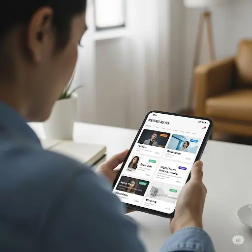 A smartphone screen showing a clean, organized news app interface with minimal notifications, symbolizing a calm and personalized news experience.