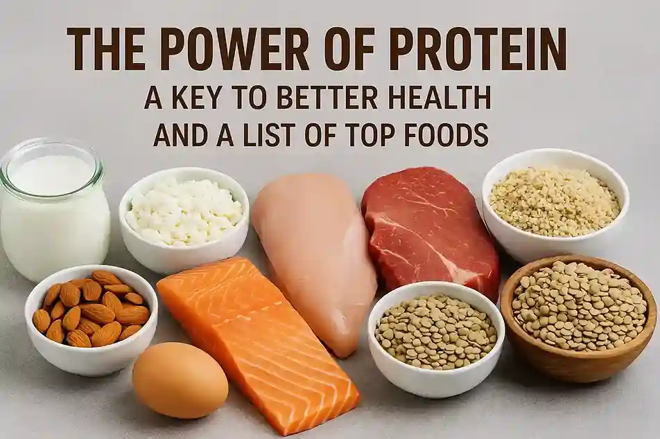 A colorful arrangement of high-protein foods like lentils, paneer, eggs, chicken, and nuts.