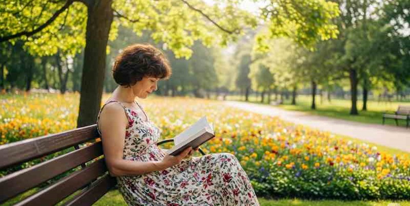 A person sitting peacefully in a park, reading a book, with a smartphone lying face down and ignored on the bench beside them.