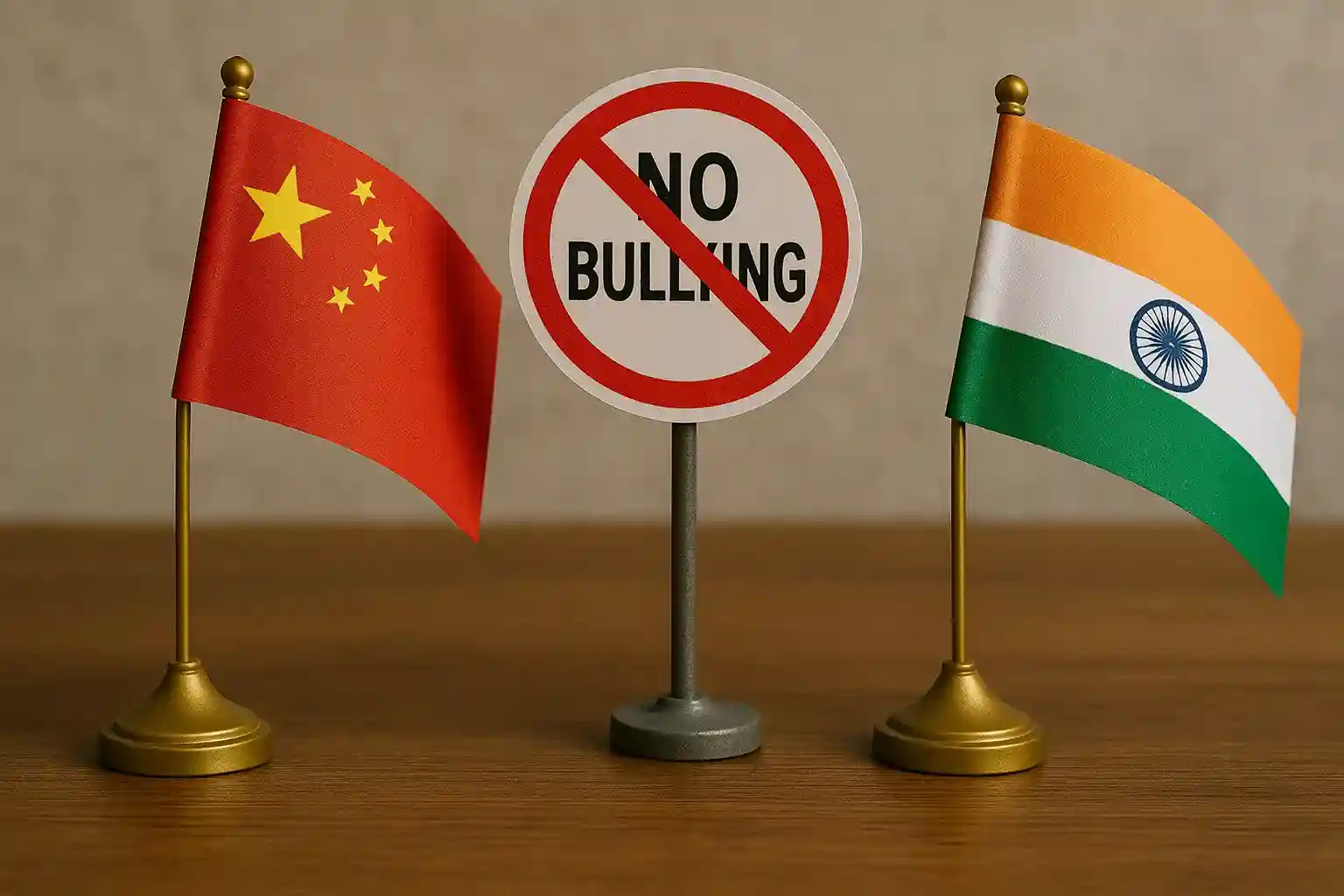 A visual of a dragon and an elephant, symbols of China and India respectively, standing together on a bridge, symbolizing a new strategic alliance.