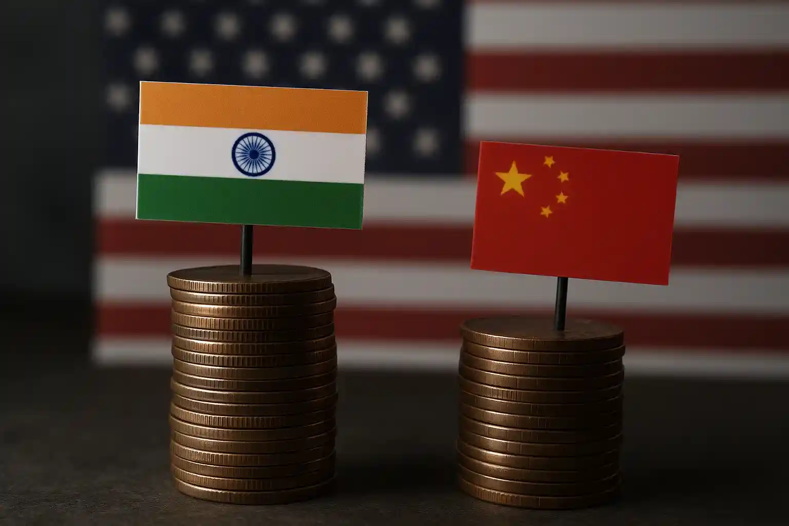 A visual of a weighing scale, with one side heavily weighted by the Indian rupee symbol and a single US dollar coin on the other, symbolizing an imbalance.