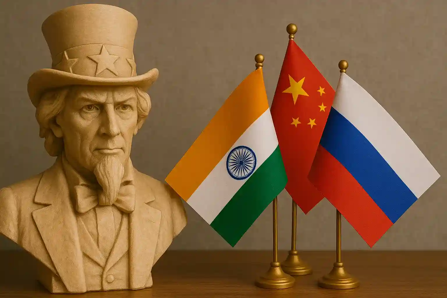 ஒரு முக்கோணத்தின் சின்னம், அதன் ஒவ்வொரு மூலையிலும் இந்தியா, சீனா மற்றும் ரஷ்யாவின் கொடிகள் உள்ளன. அவை புள்ளி கோடுகளால் இணைக்கப்பட்டுள்ளன. இது புதிய வரிகளின் முகத்தில் அவற்றின் ஒன்றோடொன்று இணைந்த உறவை குறிக்கிறது.