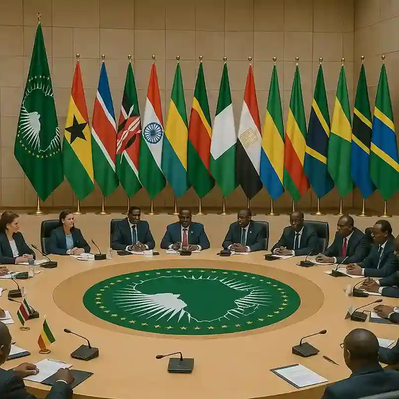 Leaders from African nations seated around a large circular table with the African Union emblem in the center, symbolizing unity and cooperation.