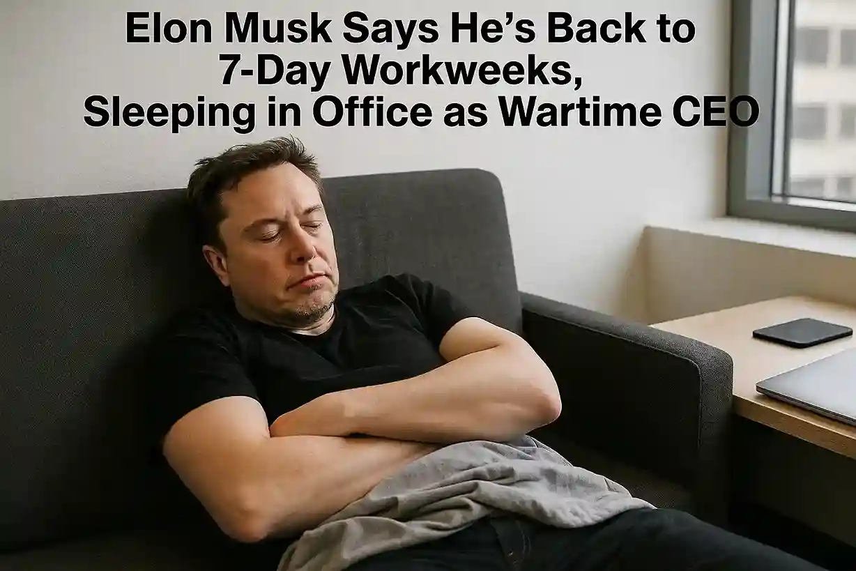 Elon Musk at his desk in a tech office, working late into the night
