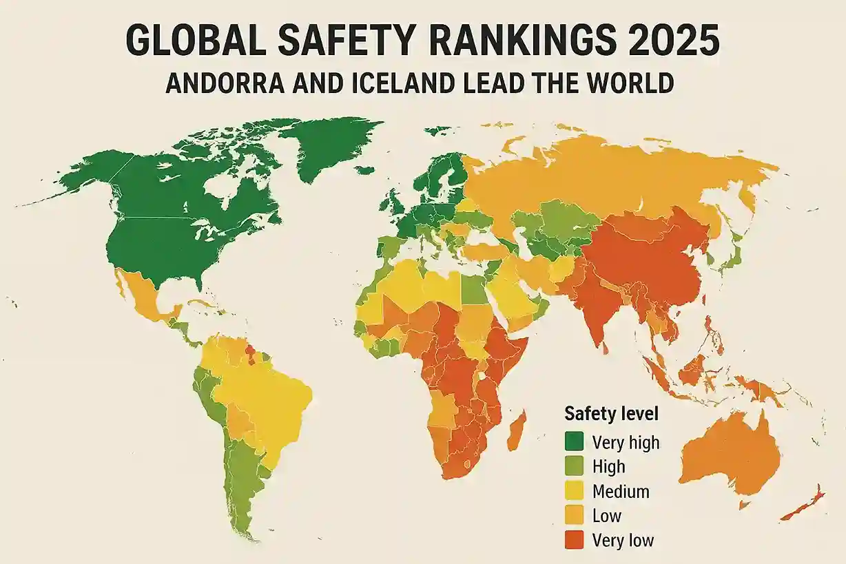 A world map with various countries highlighted in shades of green, indicating safety levels.