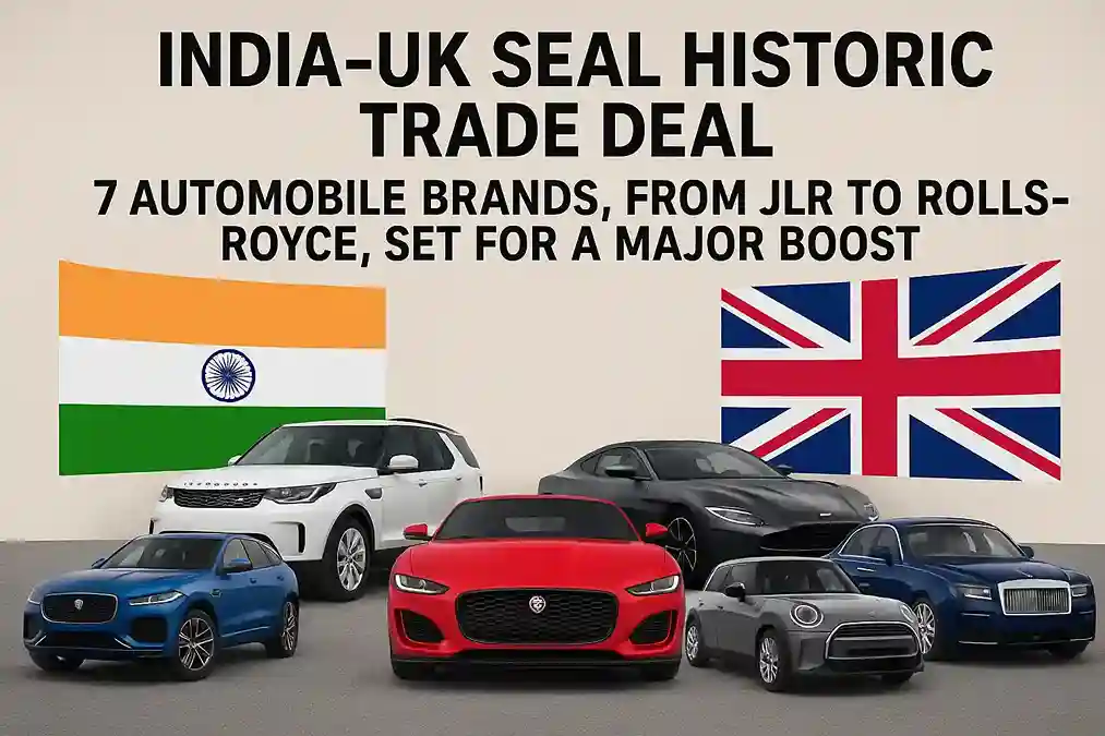 A composite image of the Indian and UK flags with logos of luxury car brands like Jaguar, Rolls-Royce, and Aston Martin.