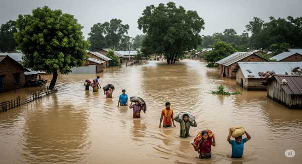 Flooded village in Assam with rescue operations underway