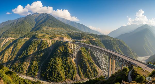Aerial view of the Chenab Rail Bridge in Jammu and Kashmir