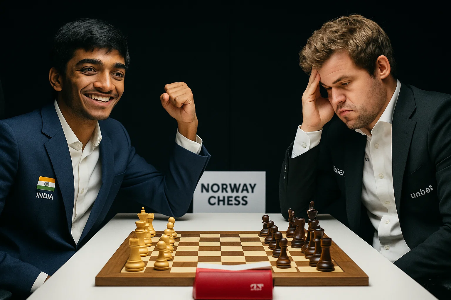 D Gukesh and Magnus Carlsen in a tense chess match