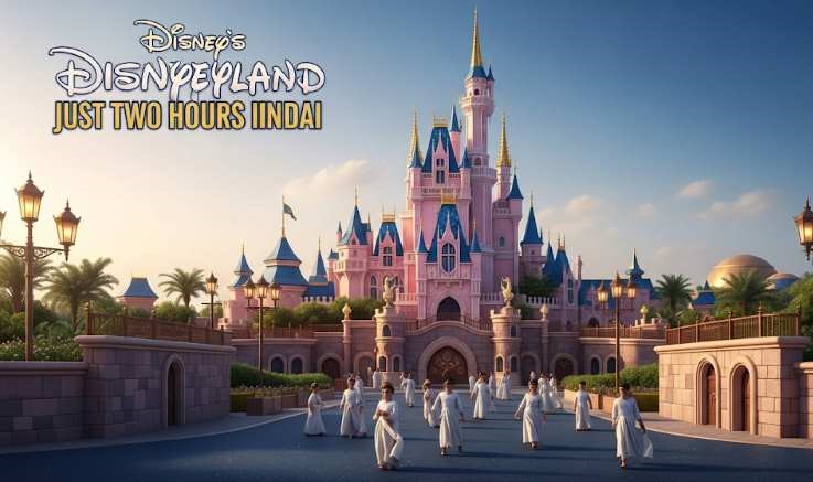 A grand view of a new Disneyland theme park with iconic castles and joyful crowds, set against an Abu Dhabi skyline