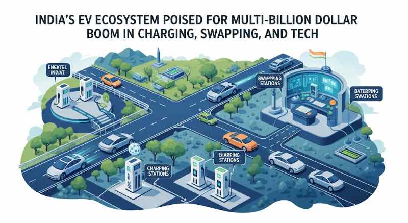A visual representation of India's EV ecosystem with charging stations, battery swap facilities, and smart EV tech interfaces