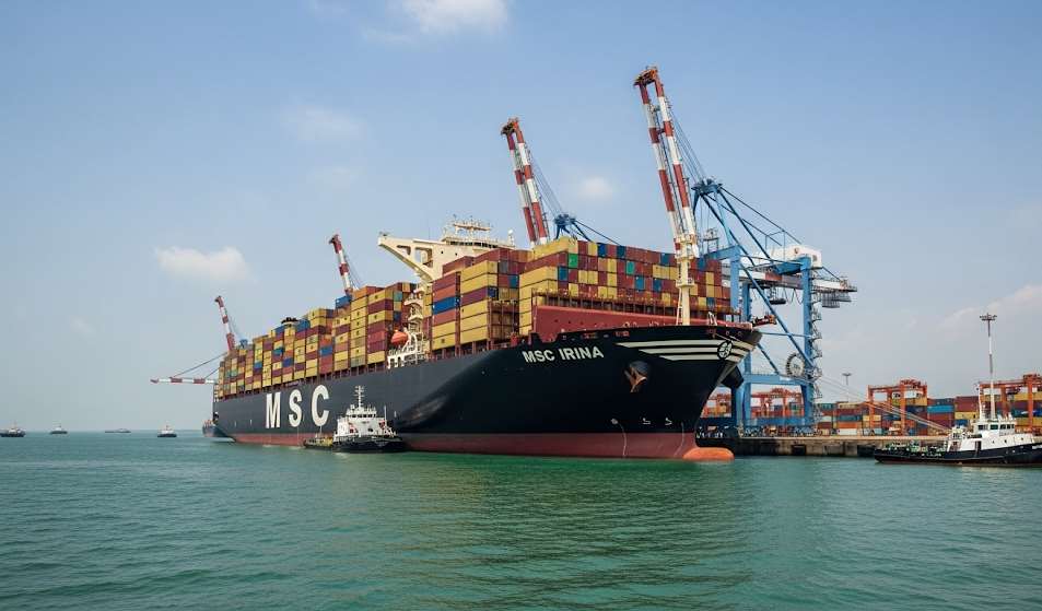 The massive container ship MSC Irina docked at the Vizhinjam International Seaport, dwarfing the port infrastructure