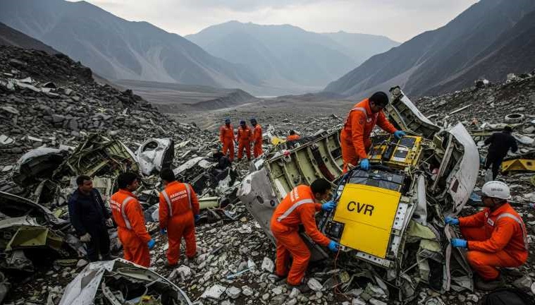 A forensic investigator holding a black box (Cockpit Voice Recorder) at a plane crash site.