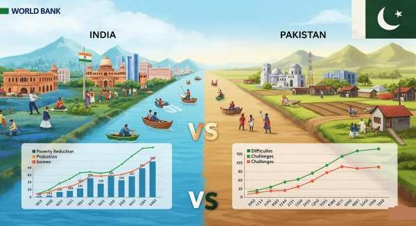 A dual image showing positive economic growth in India versus economic challenges in Pakistan.