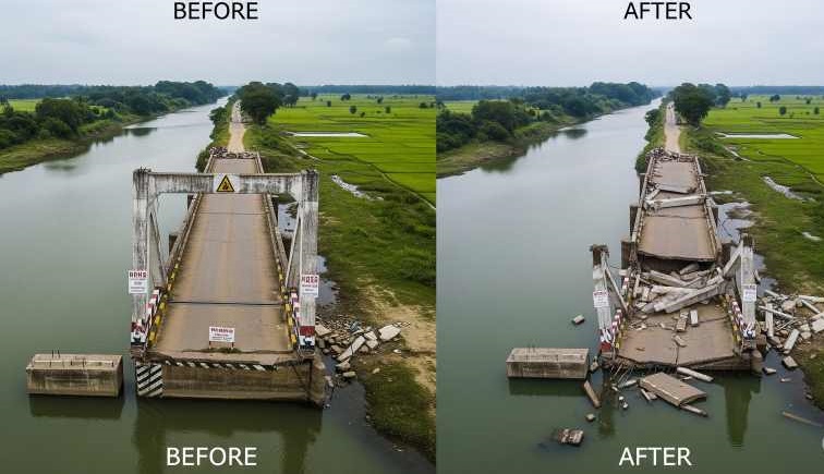 A collapsed bridge over the Indrayani River, with debris and emergency response activity visible.