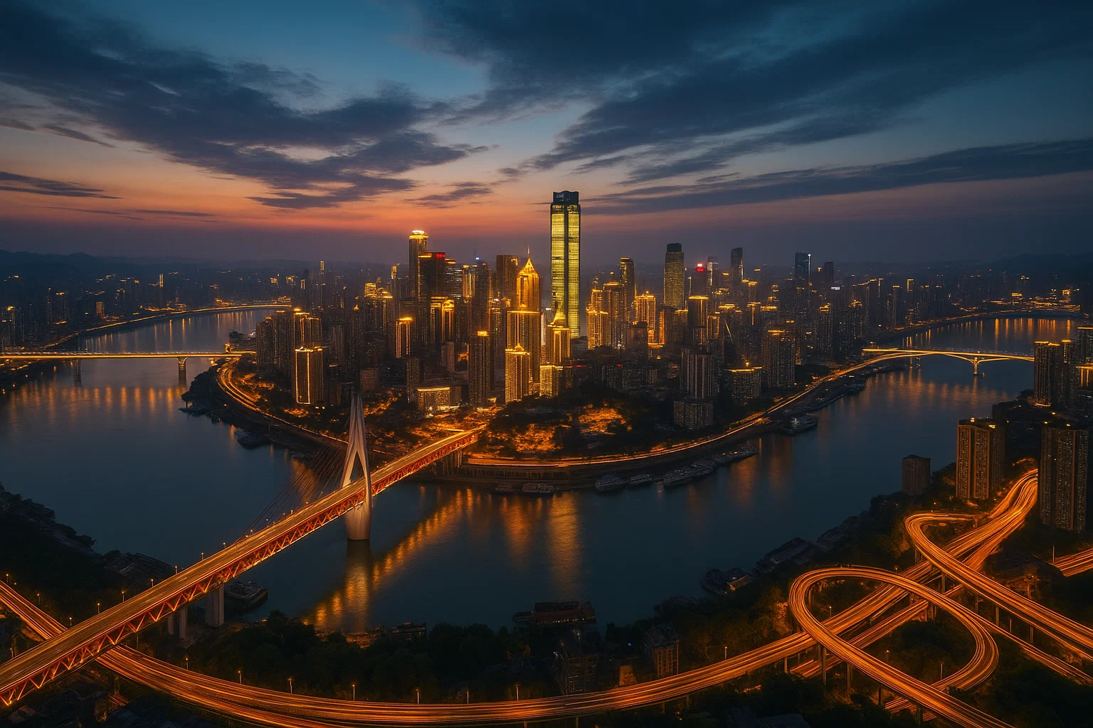 A futuristic cityscape of Chongqing with buildings seemingly floating on a river, trains passing through structures, and complex elevated roads.