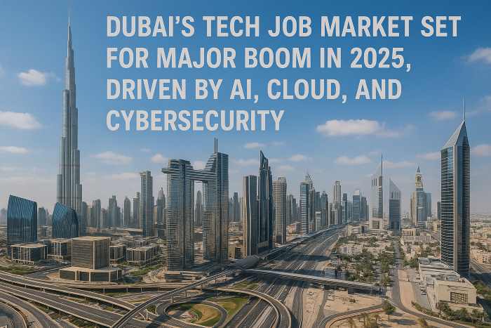 A futuristic cityscape of Dubai with digital overlays representing AI, cloud, and cybersecurity.