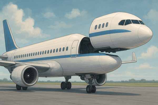 A visual representation of a detachable airplane cabin deploying parachutes