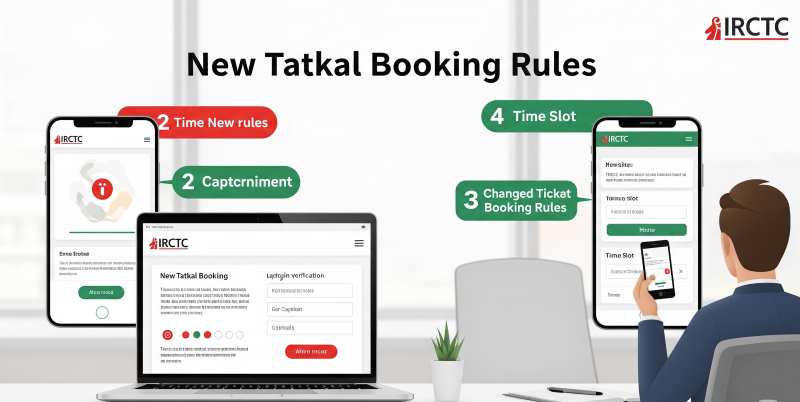 A visual representation of IRCTC's website with a focus on Tatkal booking, indicating new digital security measures.