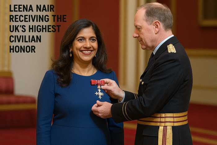 Leena Nair, CEO of Chanel, receives the Commander of the Order of the British Empire (CBE) from Prince William at Windsor Castle.