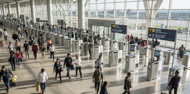 A visual representation of Digi Yatra's seamless airport experience, showing facial recognition at various checkpoints.