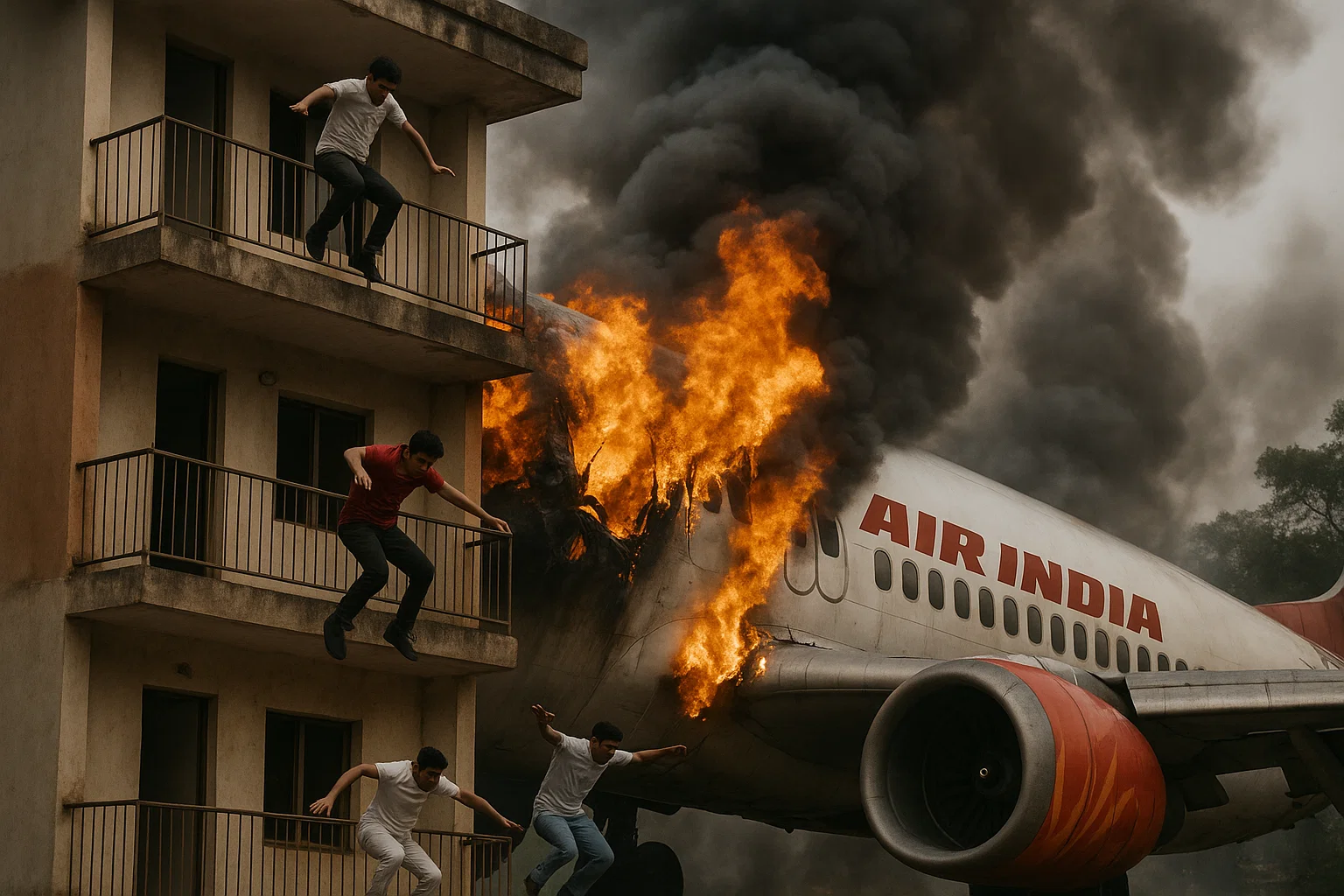 A dramatic scene of individuals, including students, making a perilous escape from a burning aircraft, amidst smoke and wreckage.