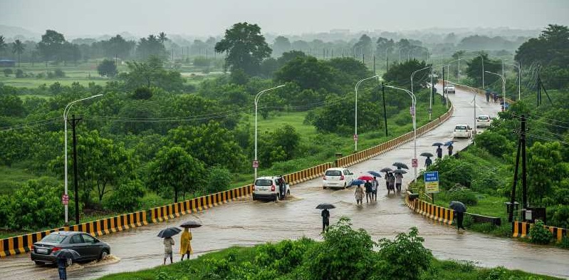 Heavy monsoon rains causing waterlogging in a city street, with people navigating through the water.