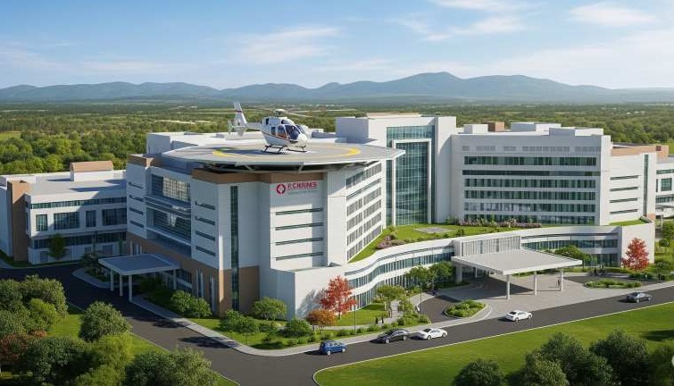 A modern hospital building with a prominent helipad on its rooftop, seen in a detailed 3D architectural rendering.